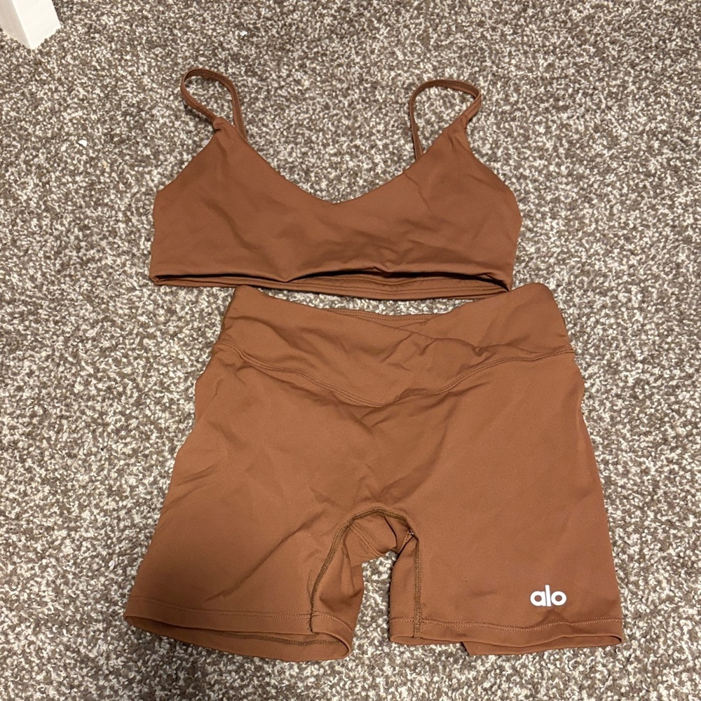 ALO Yoga Brown Sports Bra and Shorts Set